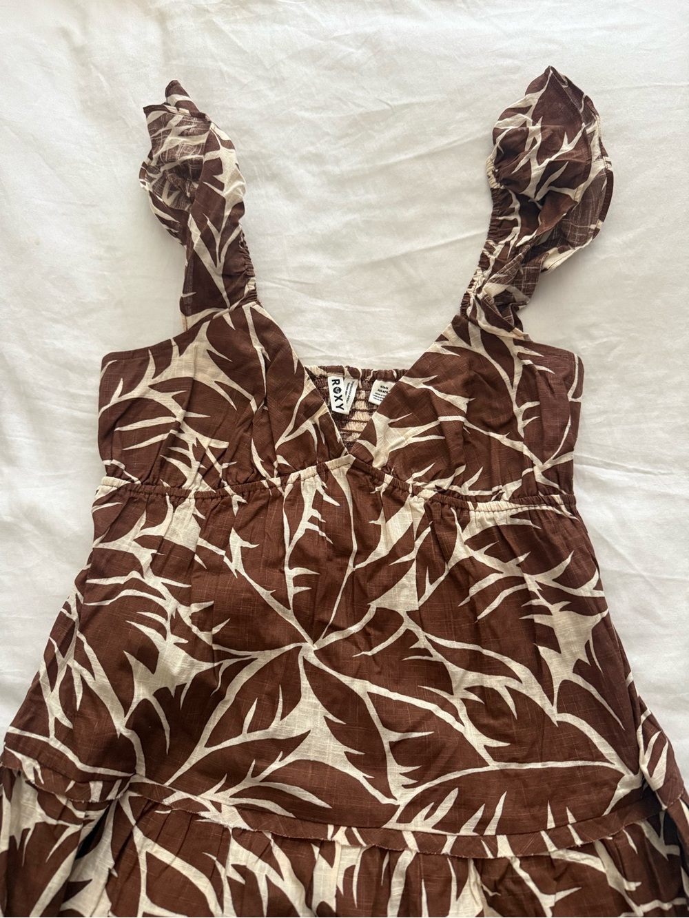 Roxy Brown Tropical Print Midi Dress with Cream Leaf Motif - Picture 6 of 6